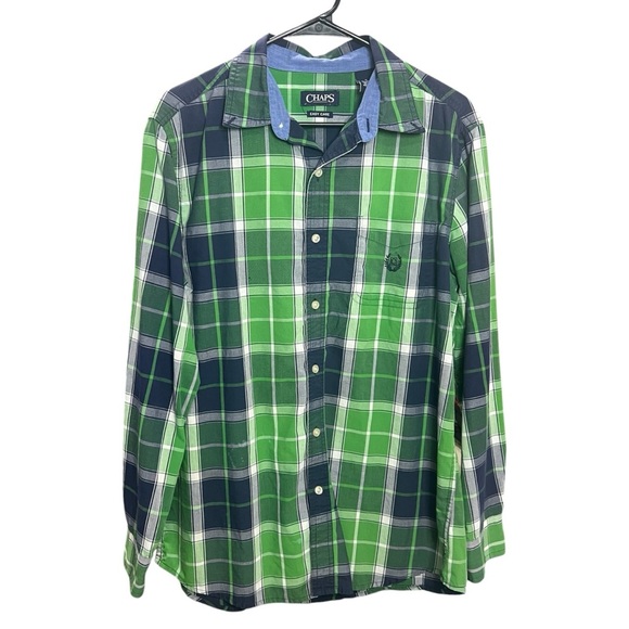 !SOLD! CHAPS Men Green Plaid Casual Button Down Short Long Sleeves size Medium - Picture 1 of 9